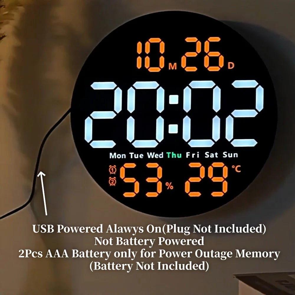 10-Inch Digital Wall Clock with Temperature, Humidity & 2 Alarms