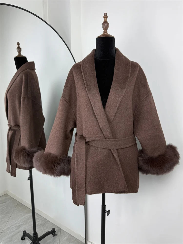 Women's Wool Coat with Fox Fur Cuffs & Belt – Elegant Short Overcoat