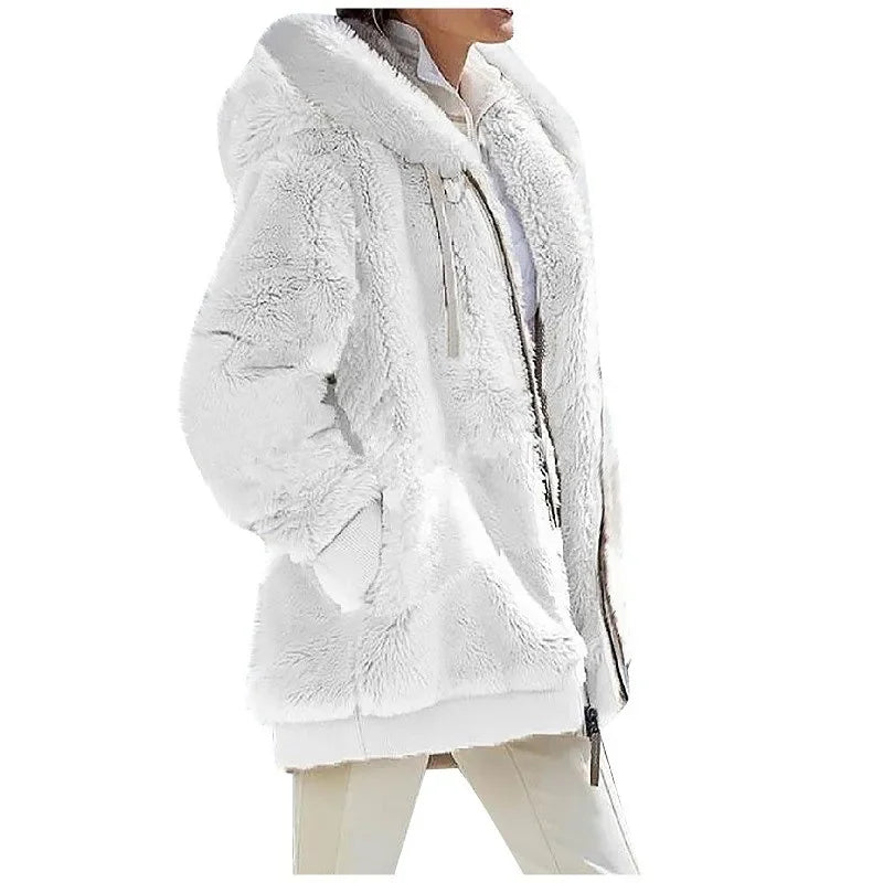 Women's Fleece Hooded Zip-Up Coat – Casual Warm Jacket for Fall & Winter