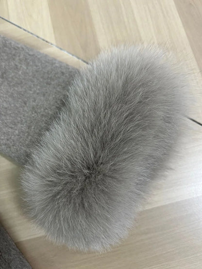 Women's Wool Coat with Fox Fur Cuffs & Belt – Elegant Short Overcoat
