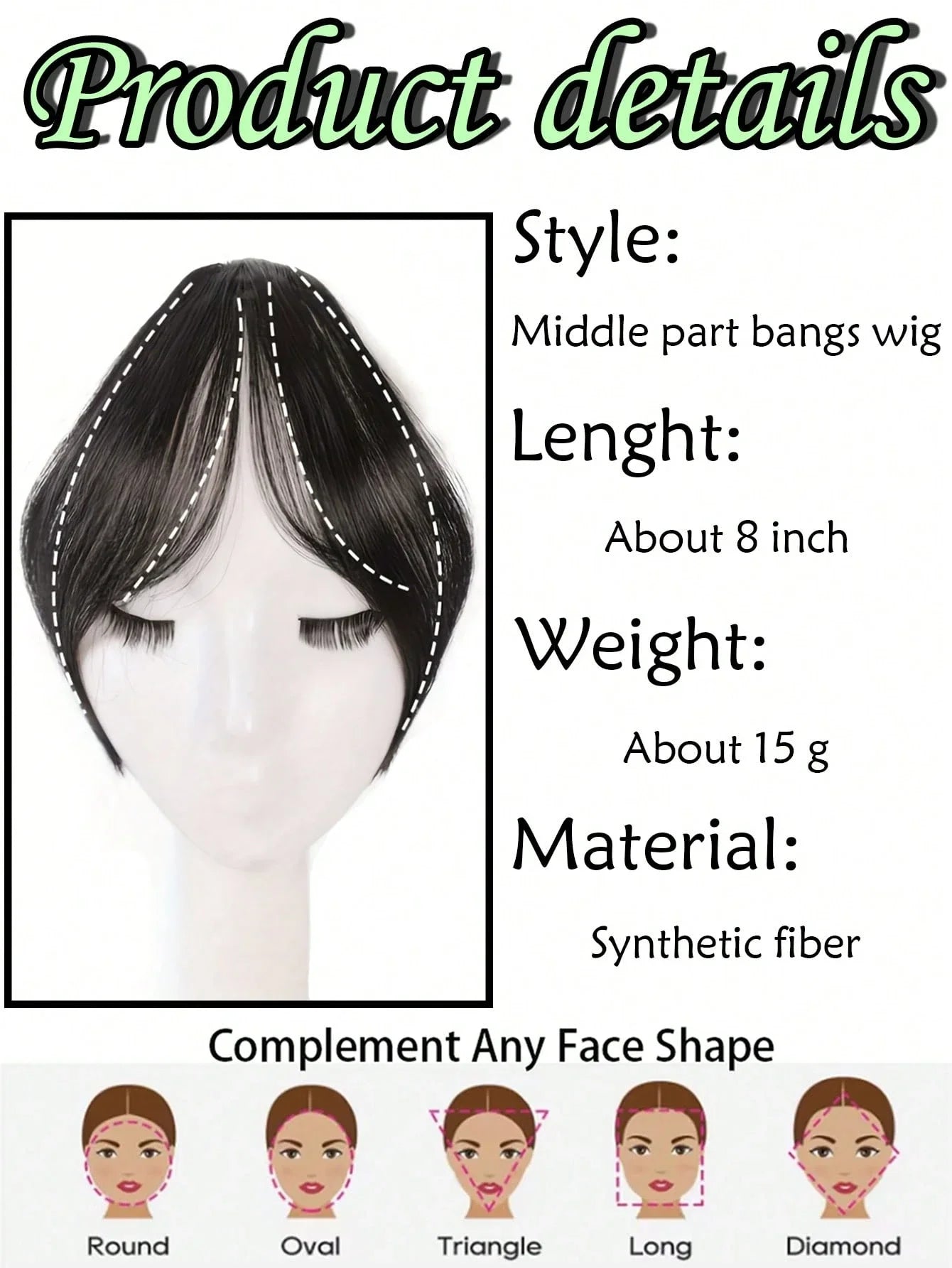Clip-In Bangs Hair Extension – Synthetic Middle Part Fringe, Natural Seamless Look