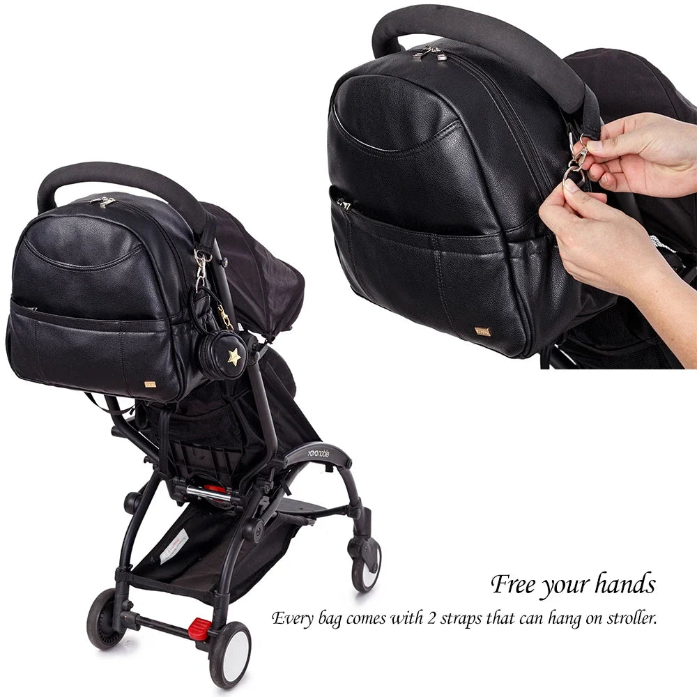 PU Leather Diaper Backpack – Large Capacity Waterproof Mom Bag