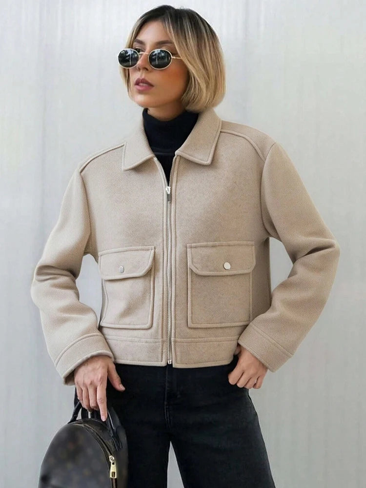 Women's Cropped Zip-Up Jacket – Short Elegant Coat with Snap Pockets