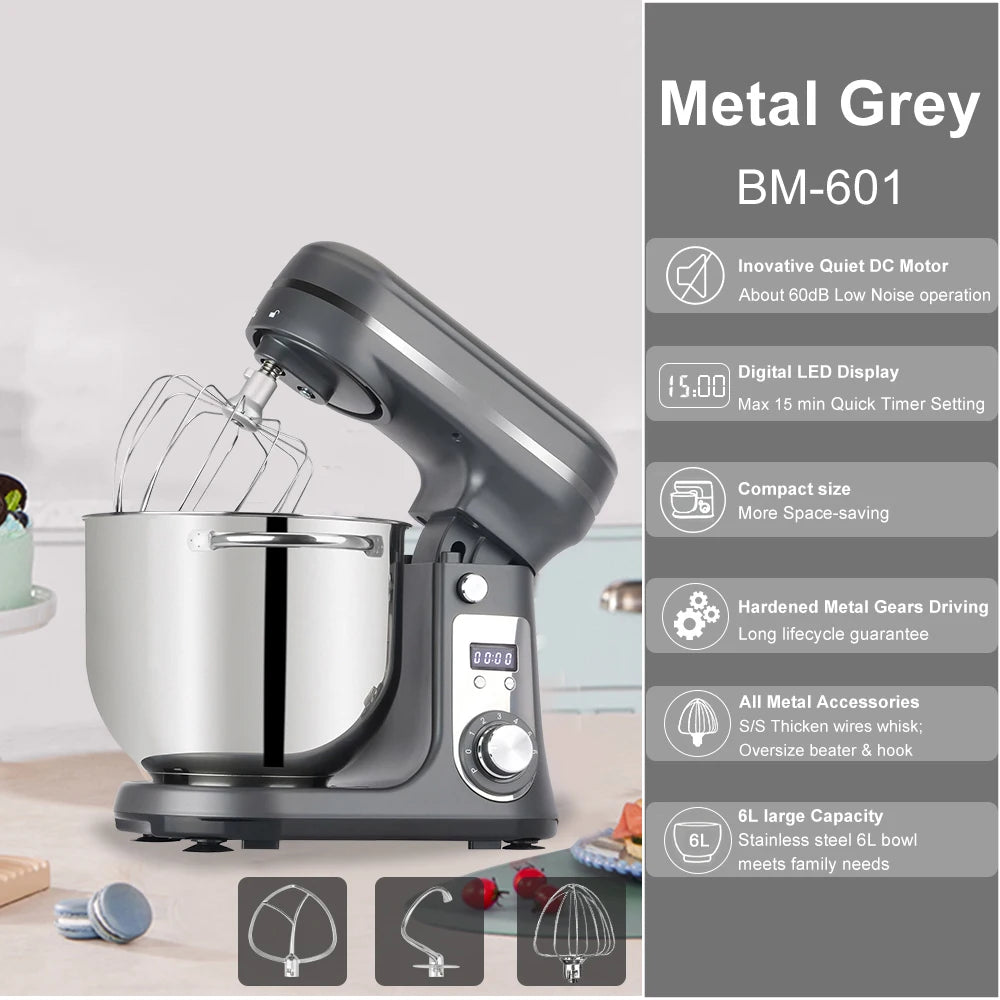 Stand Mixer 6L Quiet Motor with Stainless Steel Bowl & 3 Attachments