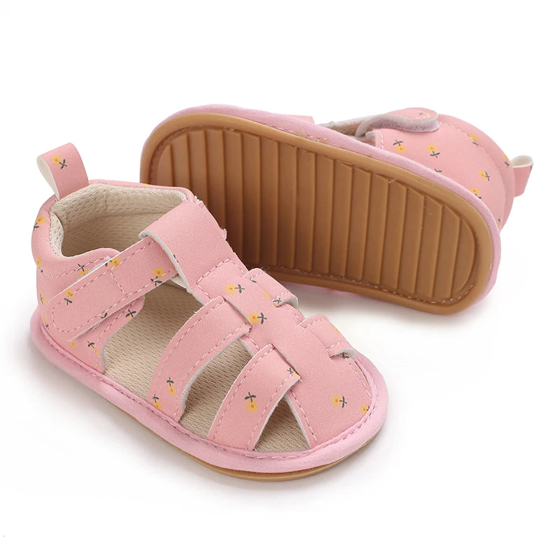 Baby Girl Floral PU Leather Sandals – Anti-Slip First Walker