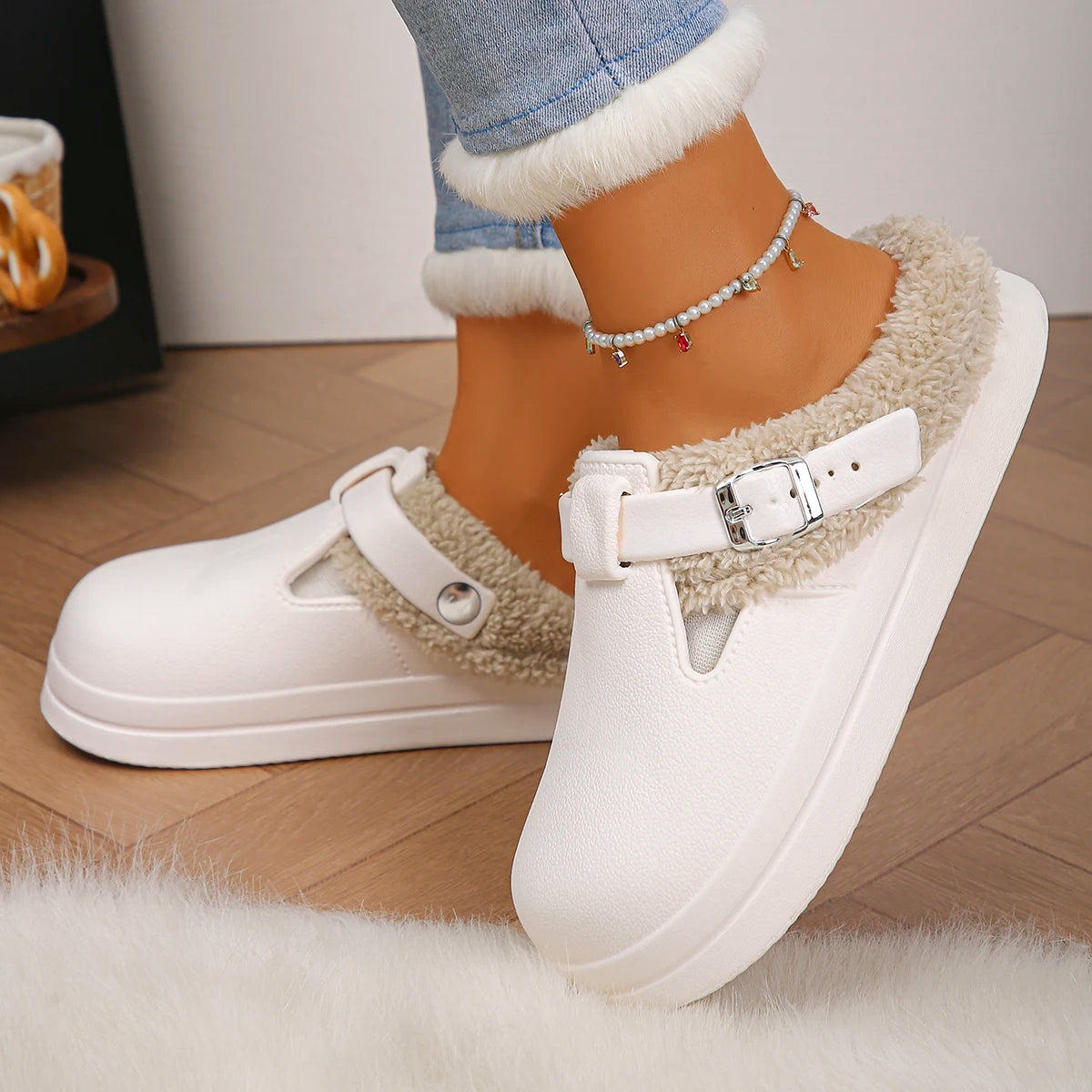 Waterproof Furry Mule Slippers – Women's Winter Clogs with Buckle