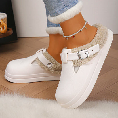 Waterproof Furry Mule Slippers – Women's Winter Clogs with Buckle