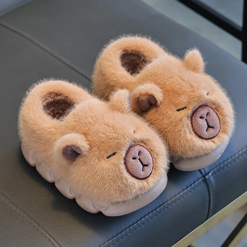 Kids Capybara Plush Slippers – Warm Non-Slip Winter House Shoes