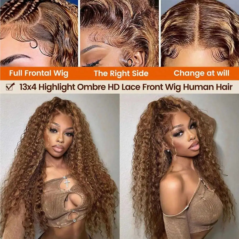 Highlight Curly Lace Front Wig Human Hair 180% 250% Density Glueless