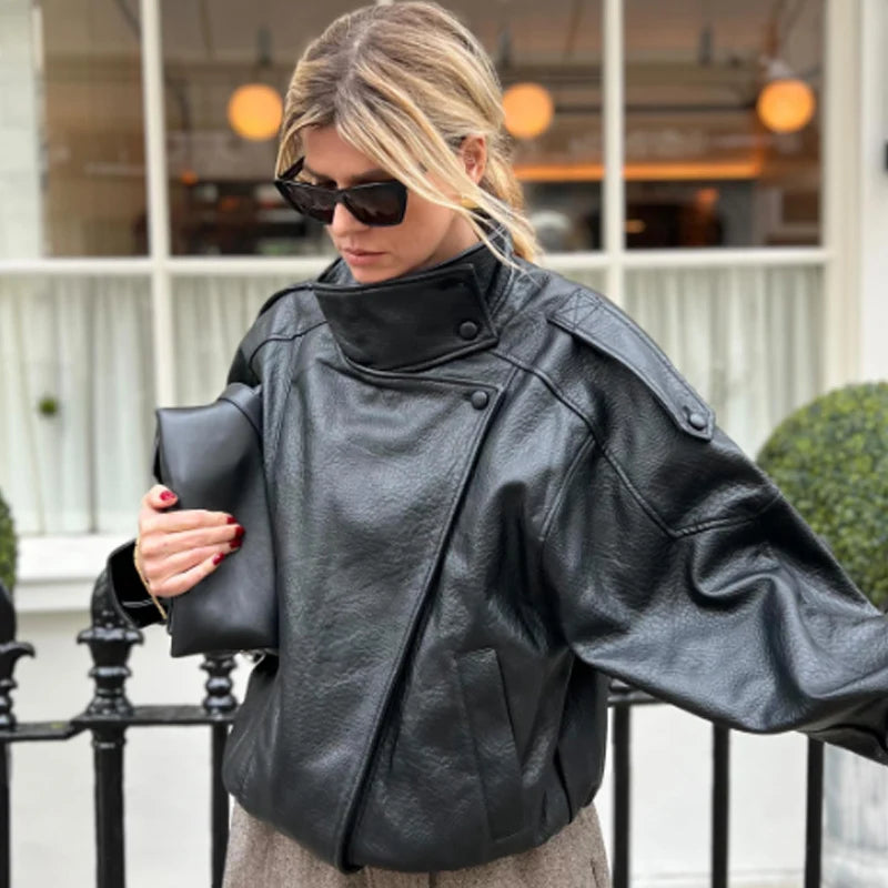 Women's Oversized Faux Leather Bomber Jacket – Zip-Up Cropped Coat
