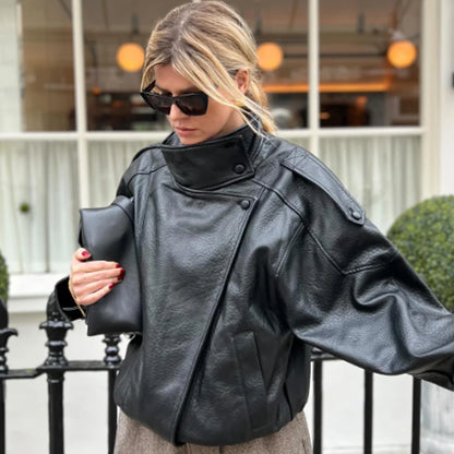 Women's Oversized Faux Leather Bomber Jacket – Zip-Up Cropped Coat