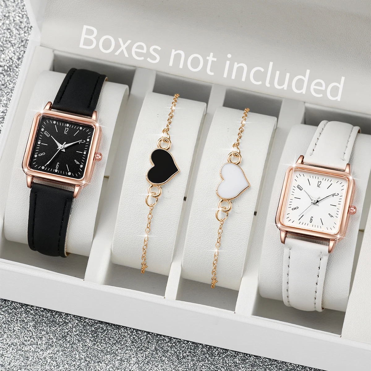 Women's Square Watch & Heart Bracelet Set – 2 or 4 Piece