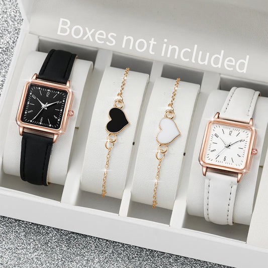 Women's Square Watch & Heart Bracelet Set – 2 or 4 Piece