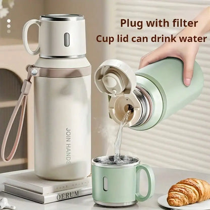 Vacuum Insulated Thermal Water Bottle with Cup Lid & Carry Strap – 600ml