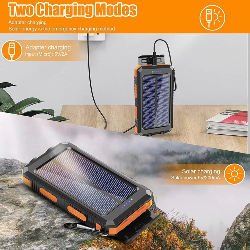 Solar Power Bank 80000mAh Portable Charger with LED Flashlight & Carabiner
