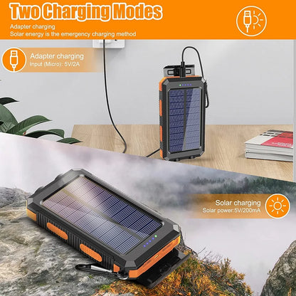 Solar Power Bank 80000mAh Portable Charger with LED Flashlight & Carabiner