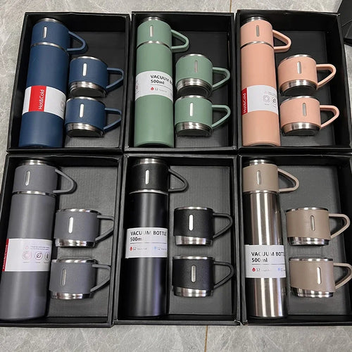 Vacuum Flask Gift Set with 3 Cups – Stainless Steel Thermos