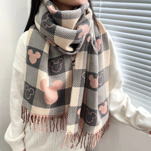 Cashmere Winter Scarf for Women – Bear Print Plaid Shawl with Tassel