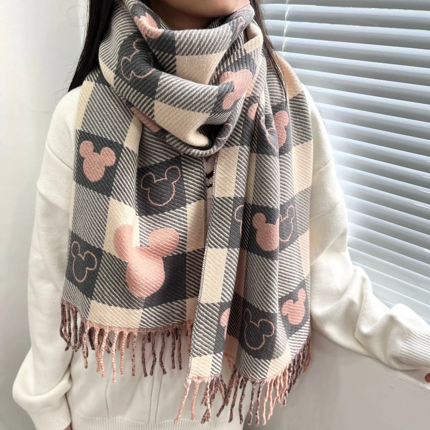 Women's Winter Cashmere Scarf – Plaid Character Print Shawl with Tassels