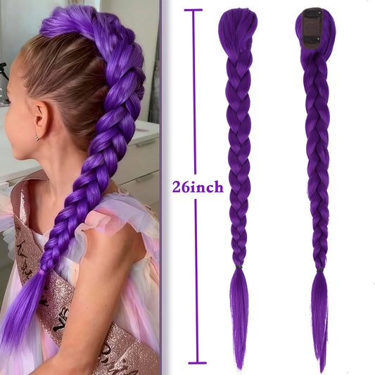 Purple Braided Clip-In Ponytail Hair Extension 26 Inch – Long Hairpiece for Kids & Cosplay