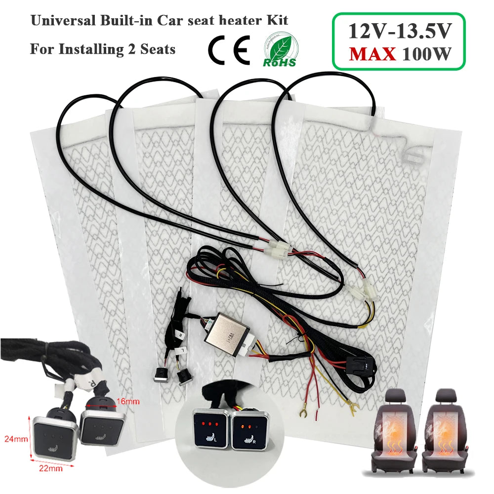 Car Seat Heater Kit Universal 12V 100W Carbon Fiber Pads for 2 Seats