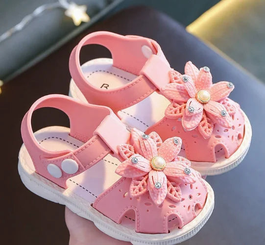 Girls Flower Rhinestone Sandals – Soft Sole Closed Toe
