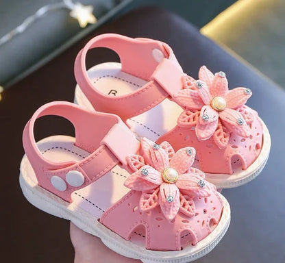 Girls Flower Rhinestone Sandals – Soft Sole Closed Toe