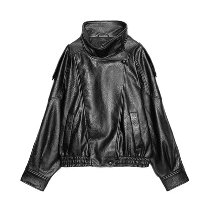 Women's Faux Leather Jacket – Oversized Stand Collar Coat