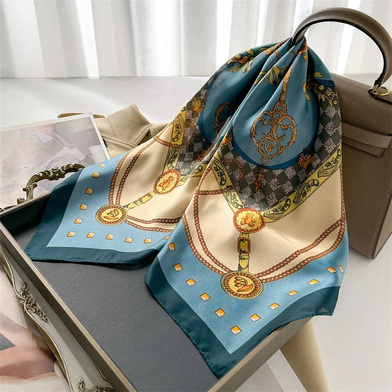 Chain Pattern Silk Square Scarf – 70cm Luxury Kerchief