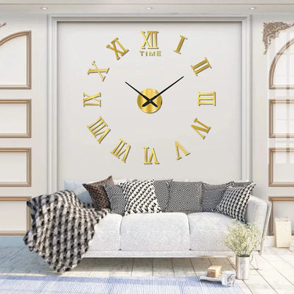 3D DIY Wall Clock – Large Roman Numerals Mirror Acrylic Self-Adhesive