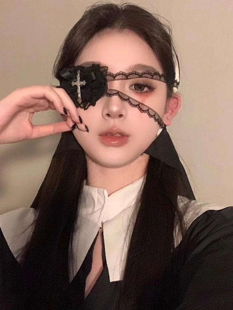 Lace Eye Mask with Cross & Bow – Gothic Lolita Halloween Accessory
