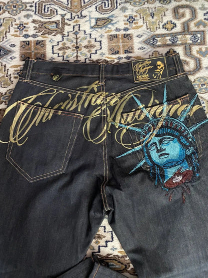 Y2K Wide Leg Jeans – Statue of Liberty Diamond Denim Pants