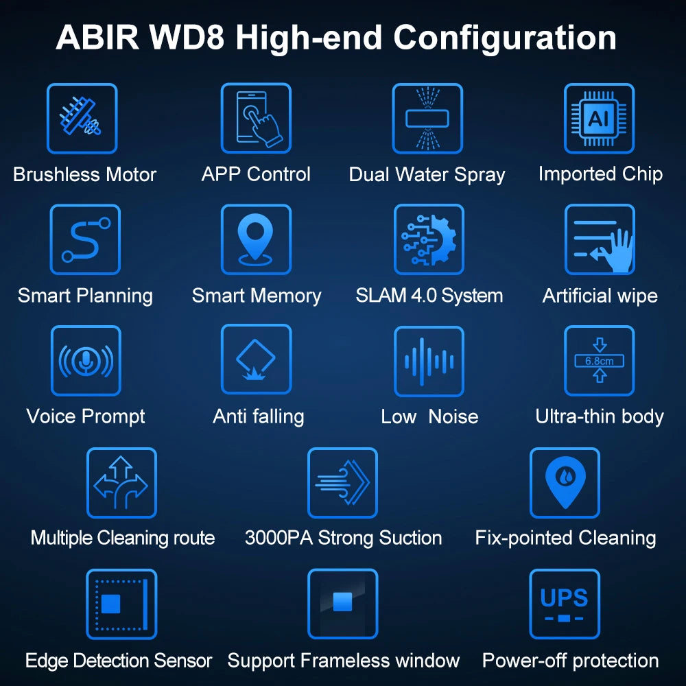 ABIR WD8 Robot Window Cleaner Dual Water Spray Smart App & Remote Control