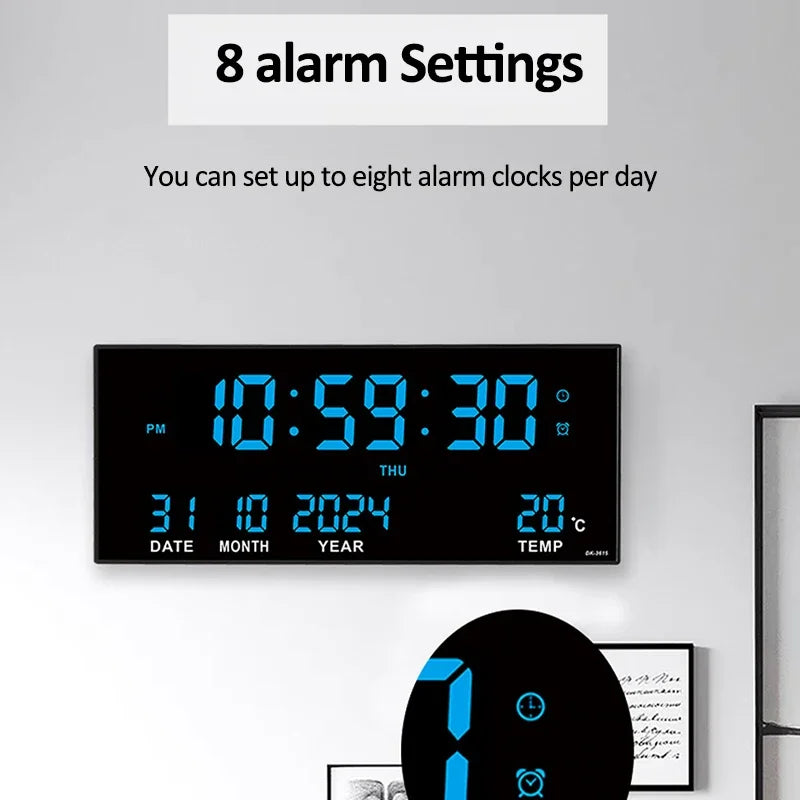 Large LED Digital Wall Clock with Alarm, Date & Temperature Display