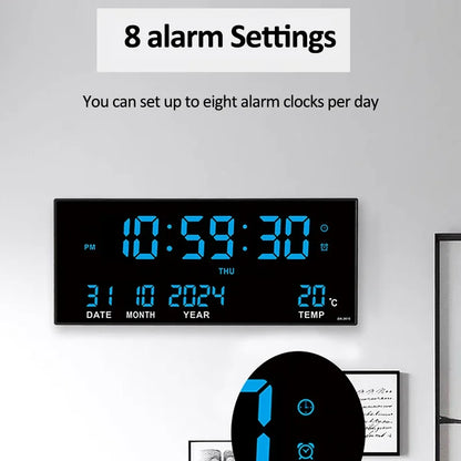 LED Digital Wall Clock with Alarm, Temperature & Calendar Display