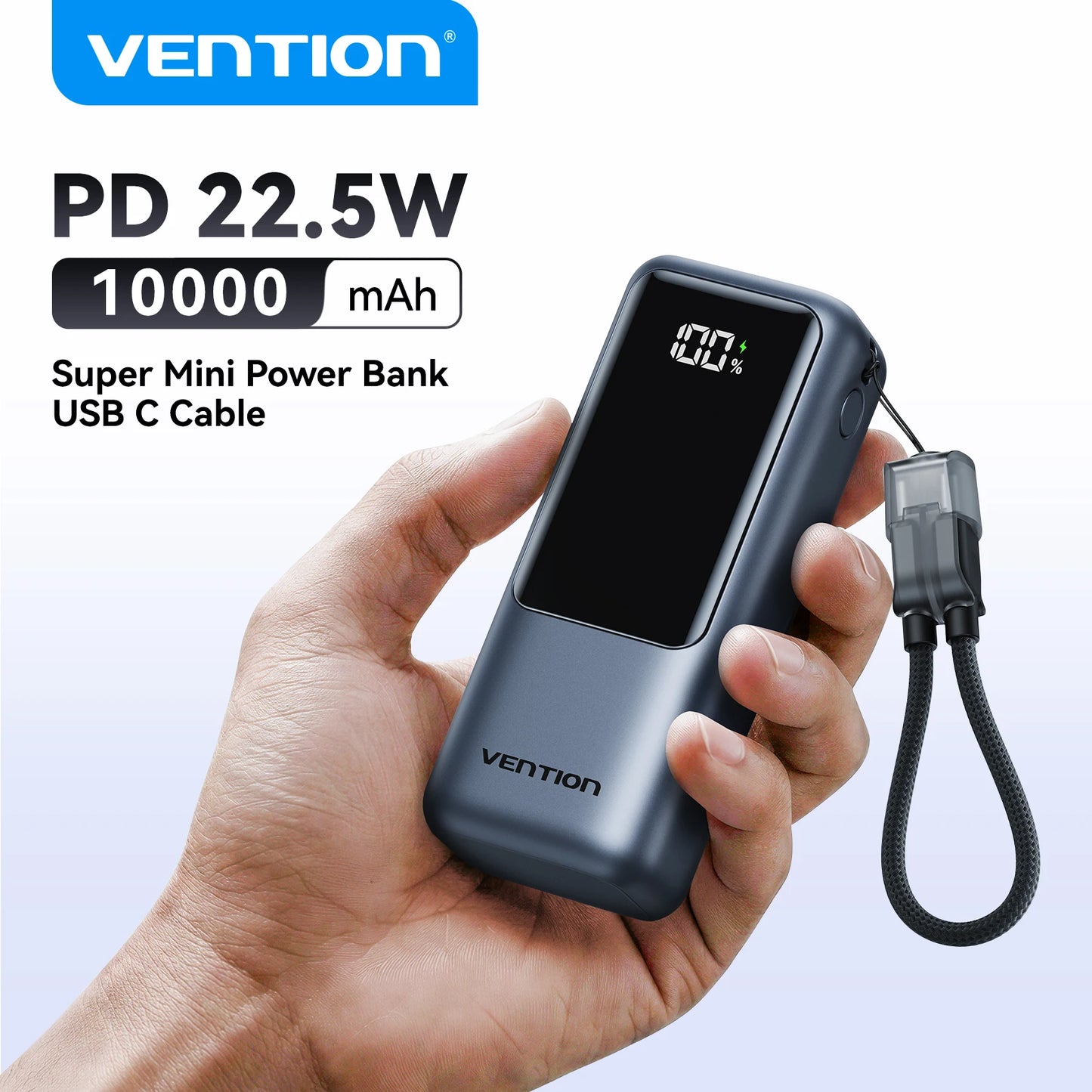 Vention Mini Power Bank 10000mAh 22.5W PD Fast Charging with Built-In USB-C Cable