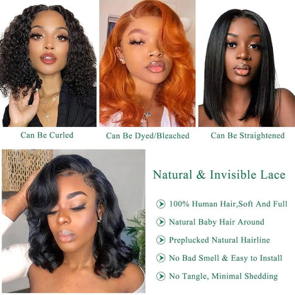 Body Wave Lace Front Wig Short Bob 250% Density Human Hair Glueless