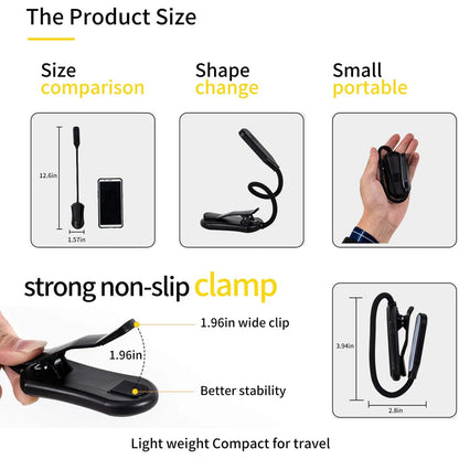 LED Book Light Clip-On – USB Rechargeable, 7 LEDs, 3 Color Modes