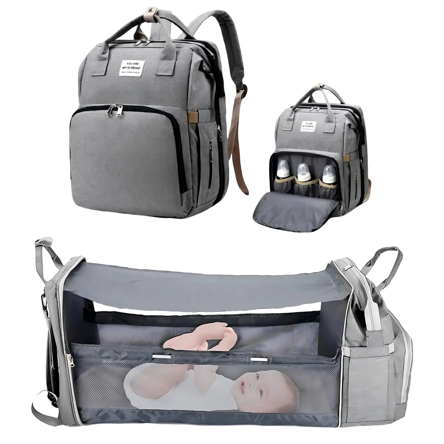 3-in-1 Diaper Bag Backpack with Foldable Baby Bed & USB Charge
