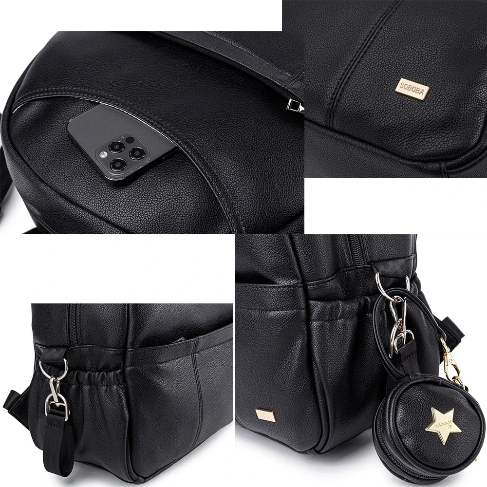 PU Leather Diaper Backpack – Large Capacity Waterproof Mom Bag