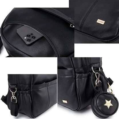 PU Leather Diaper Backpack – Large Capacity Waterproof Mom Bag
