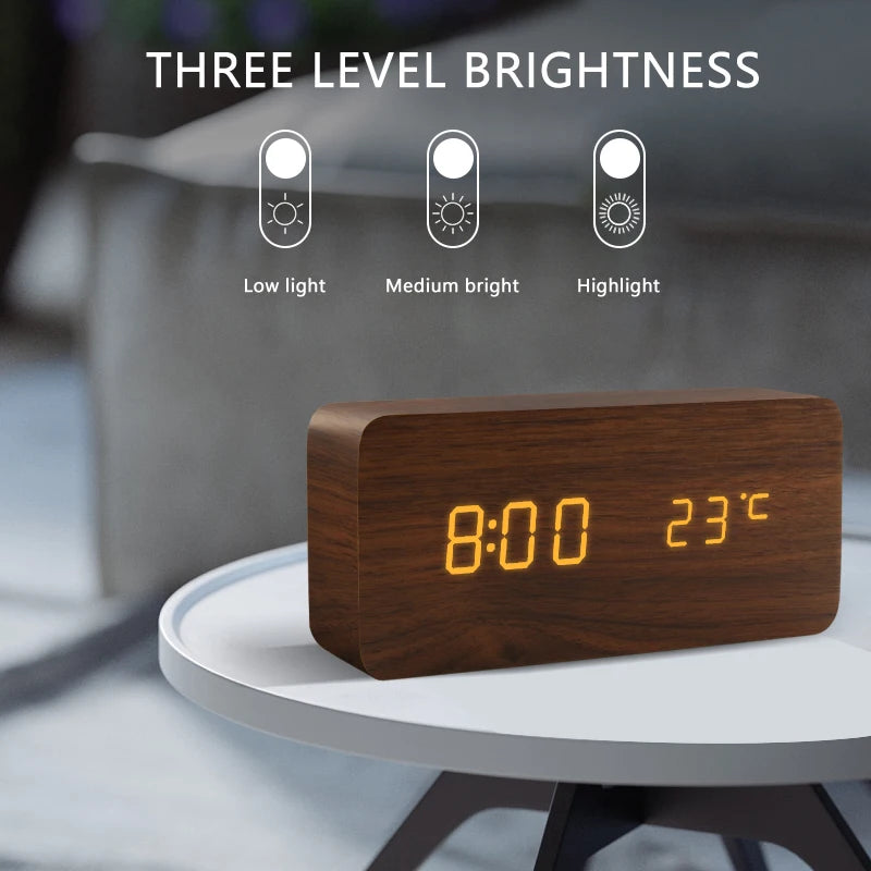 Wooden LED Digital Alarm Clock – Voice Control, Temperature & Humidity Display