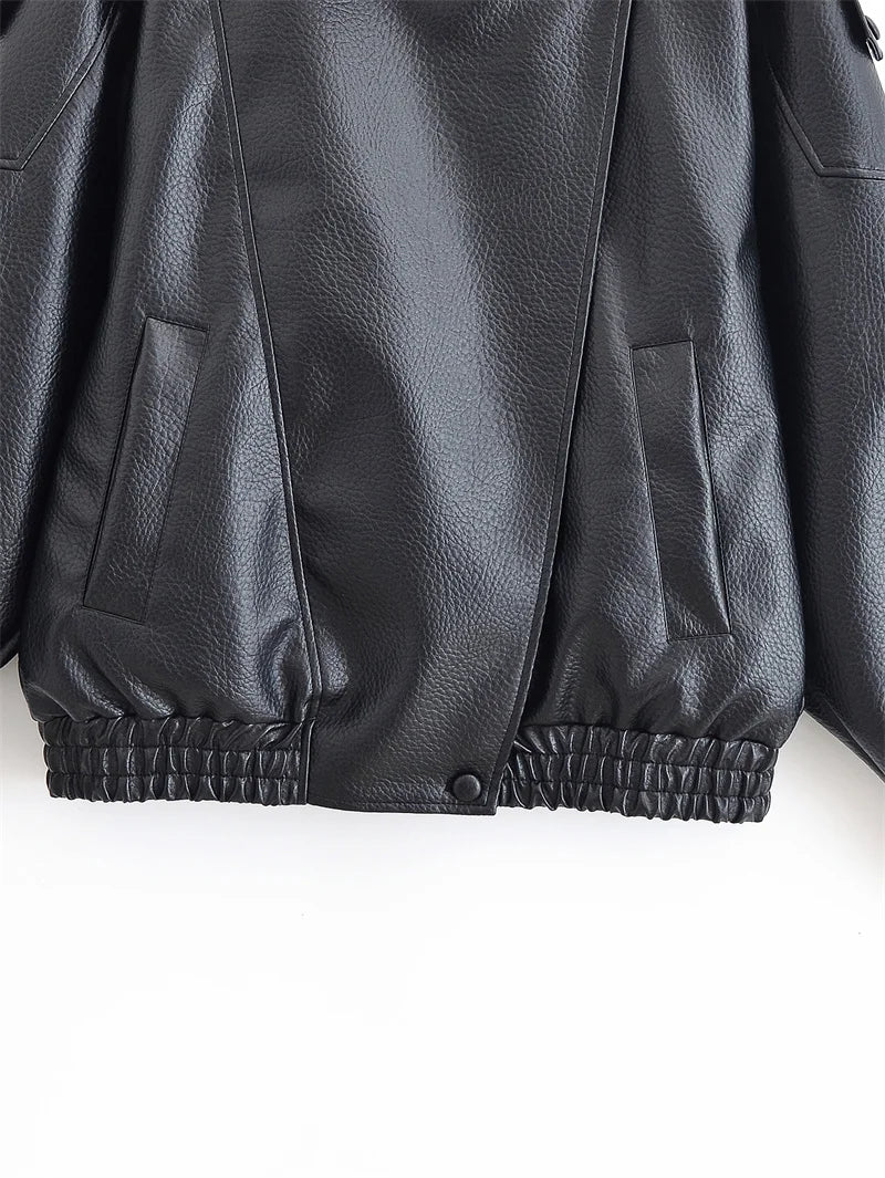 Women's Faux Leather Moto Jacket – Pebble Texture Autumn Coat
