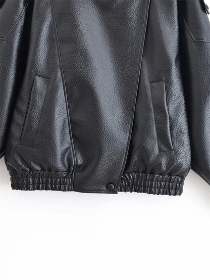 Women's Faux Leather Moto Jacket – Pebble Texture Autumn Coat