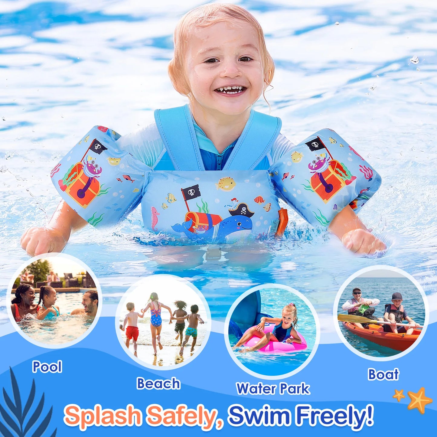 Kids Swim Vest Toddler Floatie Jacket with Arm Bands & Adjustable Straps