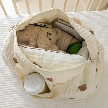 Bear Embroidered Diaper Bag Large Quilted Mom Baby Shoulder Bag
