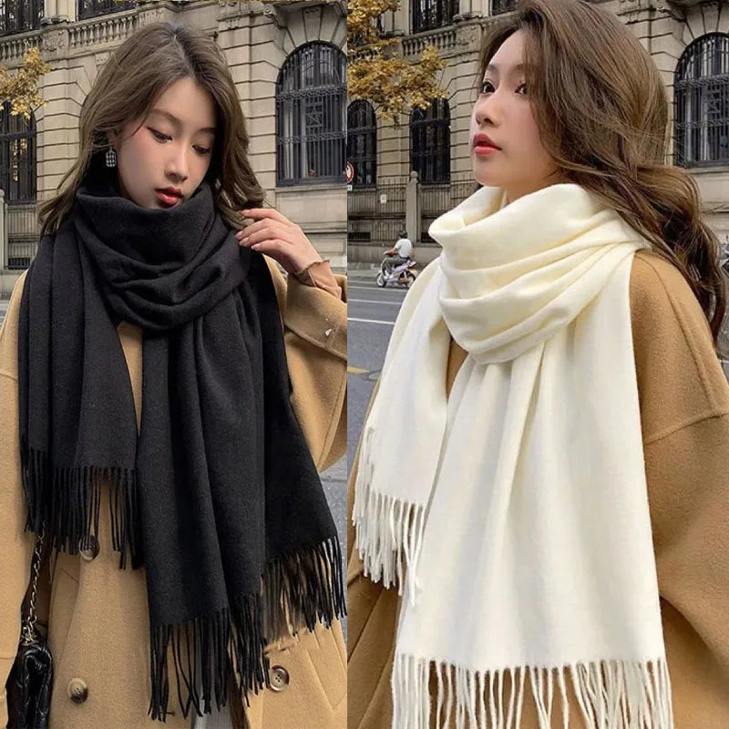 Cashmere-Feel Solid Scarf – Women's Warm Winter Wrap with Fringe