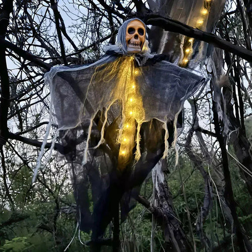 Halloween Hanging Skeleton Ghost Decoration – Glowing Skull with Gauze Robe