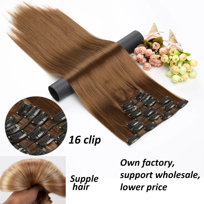 Clip-In Hair Extensions 6-Piece Set – Long Straight Synthetic Hair