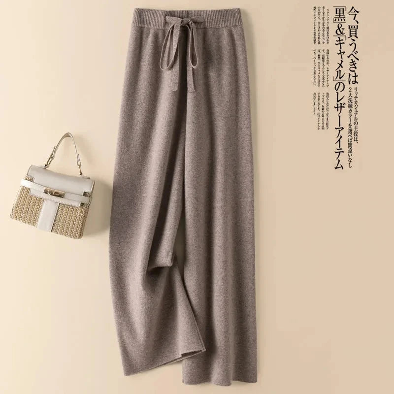Knit Wide-Leg Pants for Women – Warm Elastic Waist Straight Trousers